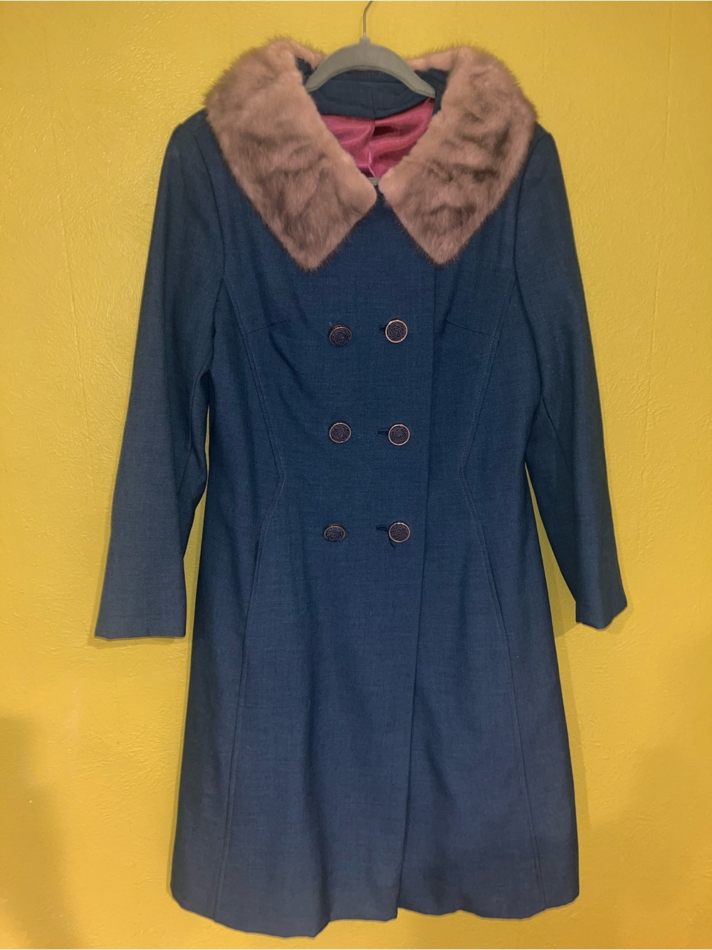 Vintage Holly Poplin Navy Blue Pea Coat with Fur Collar